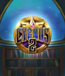 Experience the magical visuals of ELK Studios' Cygnus 2 Slot, featuring a stunning emblem with a shining purple and gold design. With a backdrop of a starlit background of a library, this image conjures the essence of mystical exploration. 